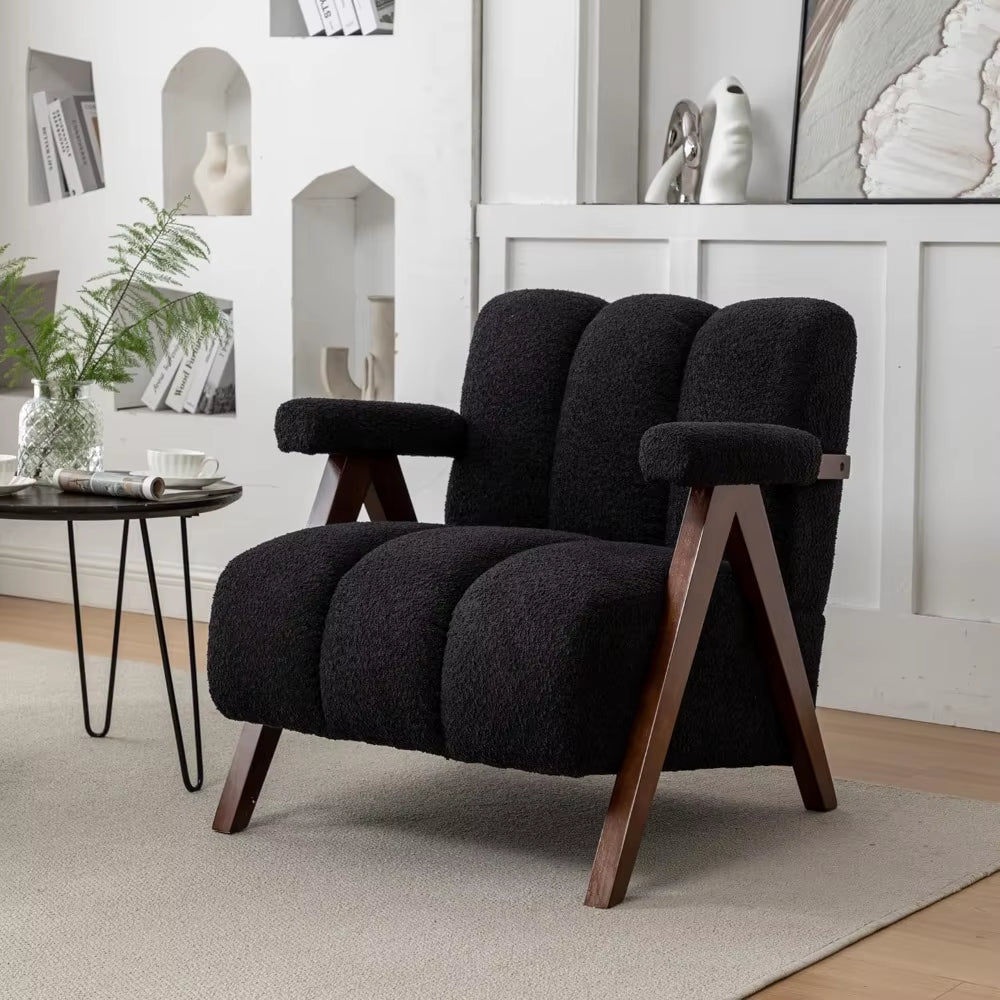 Mid Century Modern Accent Chair with Solid Wood Frame, Boucle Upholstered Living Room Chairs with Thick Cushion