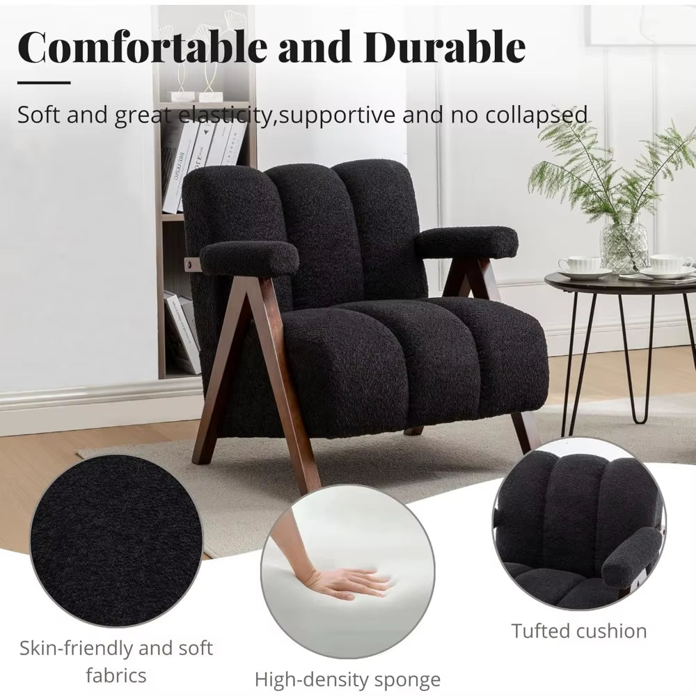 Mid Century Modern Accent Chair with Solid Wood Frame, Boucle Upholstered Living Room Chairs with Thick Cushion