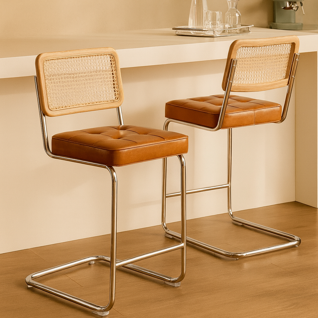 Natural Rattan Bar Stools Set of 2 with Solid Wood Back, 24 Inch Mid Century Modern Counter Height Stools, Brown Faux Leather