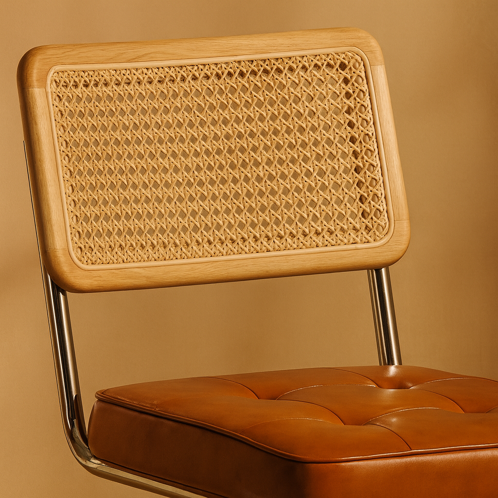 Natural Rattan Bar Stools Set of 2 with Solid Wood Back, 24 Inch Mid Century Modern Counter Height Stools, Brown Faux Leather