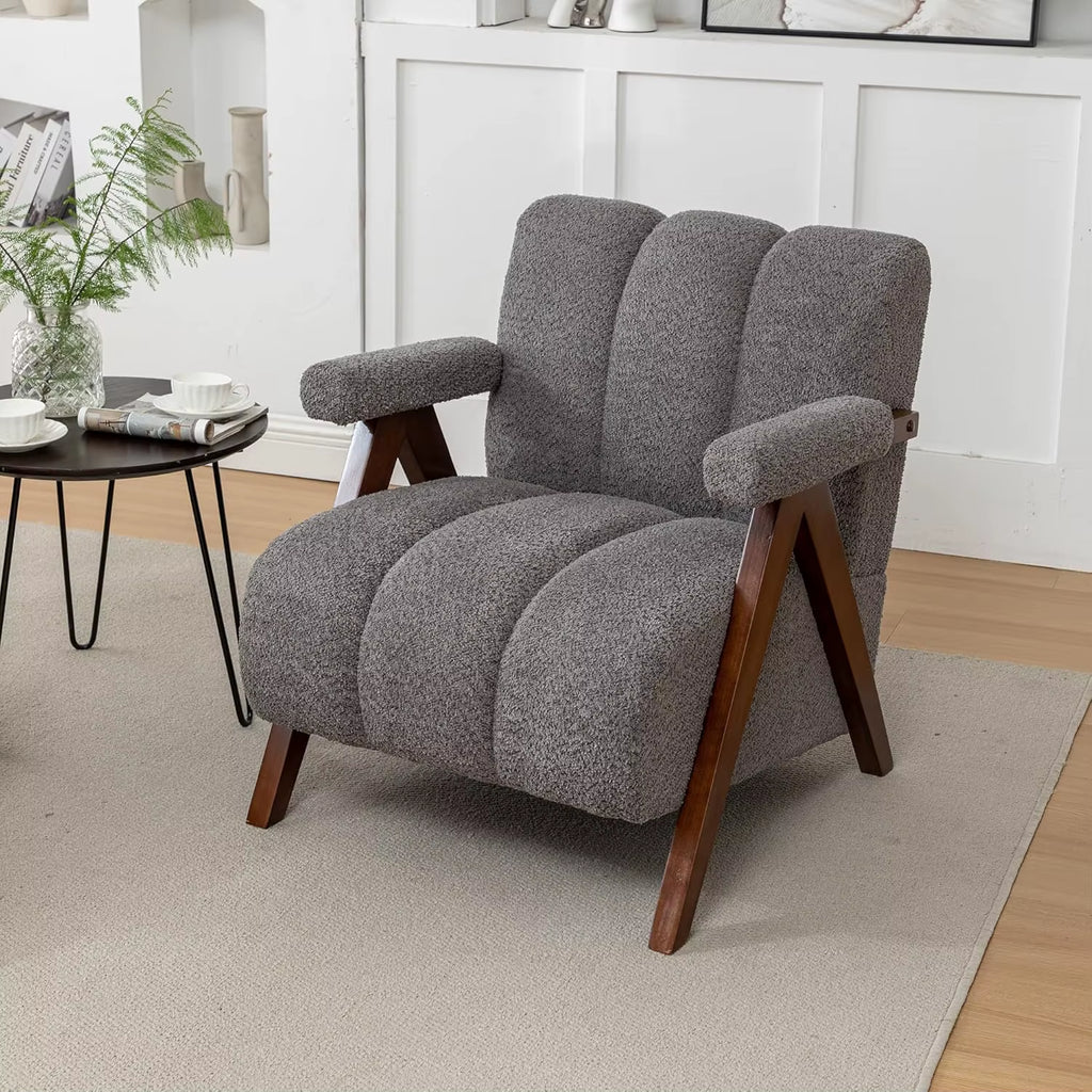 Mid Century Modern Accent Chair with Solid Wood Frame, Boucle Upholstered Living Room Chairs with Thick Cushion